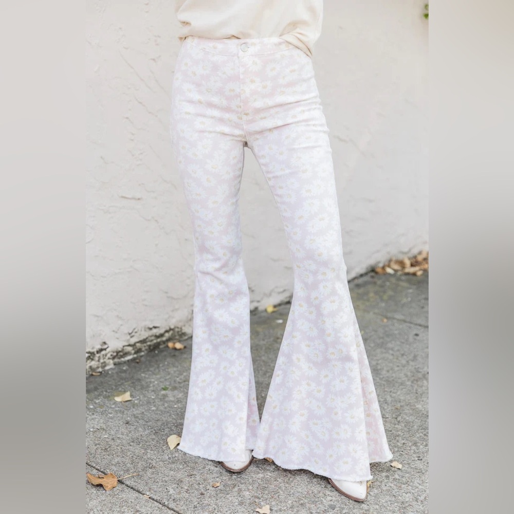 Pink Lily Daisy Print Flare Pants